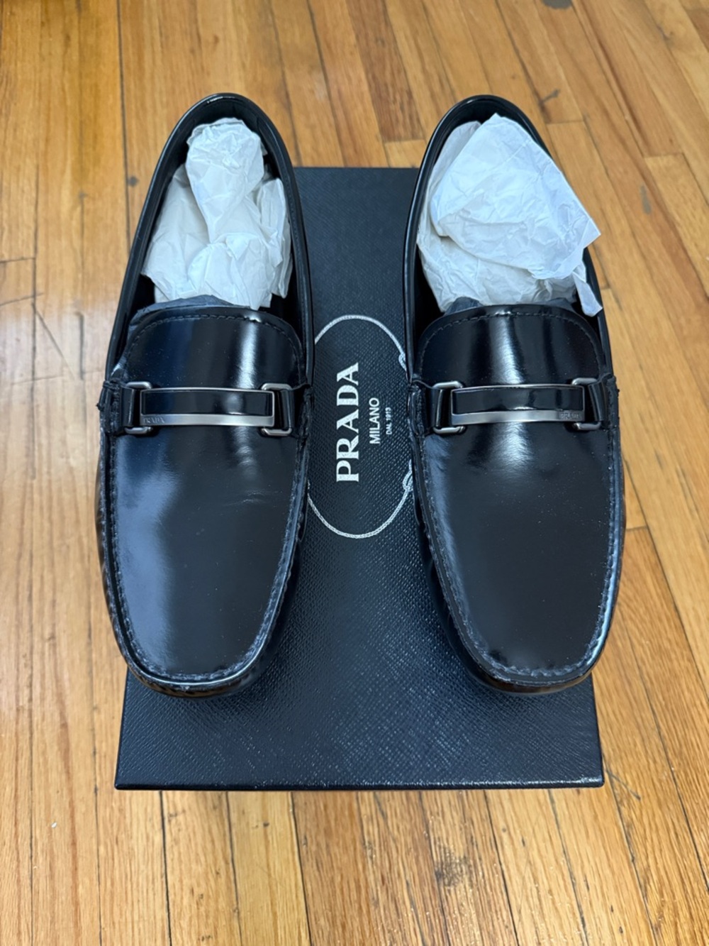 Prada Black Leather Slip-On Loafers with Silver Metal Bit - Picture 3 of 5